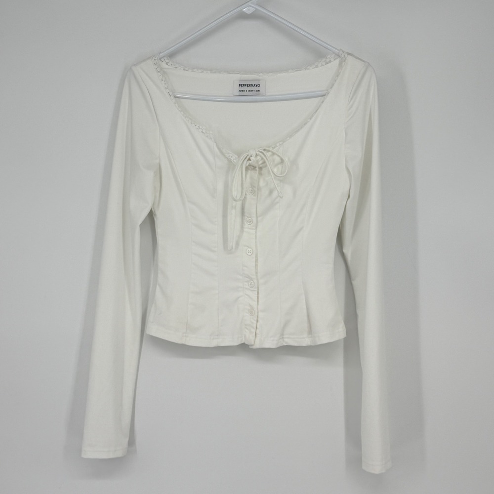 Peppermayo White Long Sleeve Button Up Lace Trim‎ Corset Style Top Small US 4